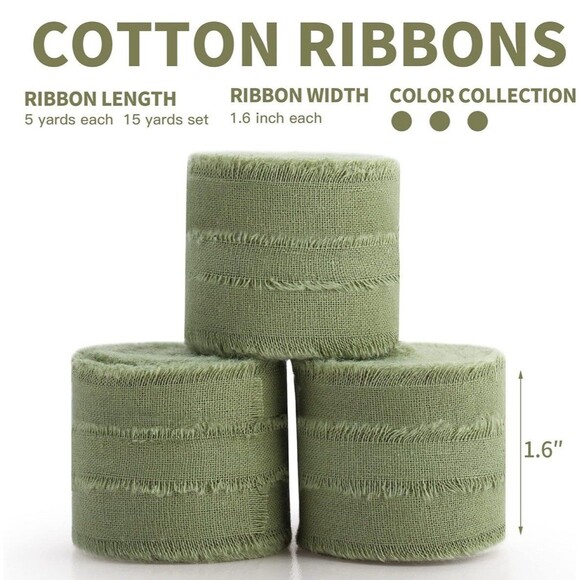 Sage Green Ribbon 1-1/2 x 15 Yards Handmade Cotton Frayed Fringe Fabric - Picture 2 of 4